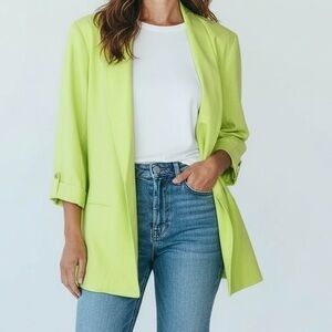 Anne Klein Open Front Linen Blend Blazer in Lime Green Size XL